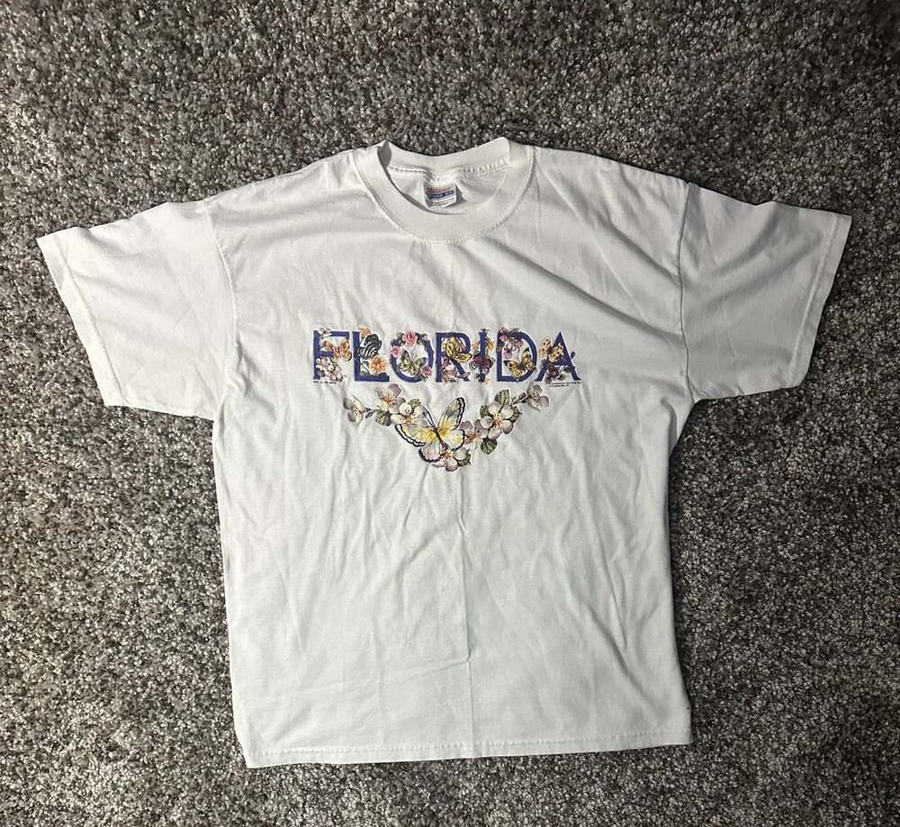 Y2K Hanes Florida Butterflies Floral T-Shirt Size Large White